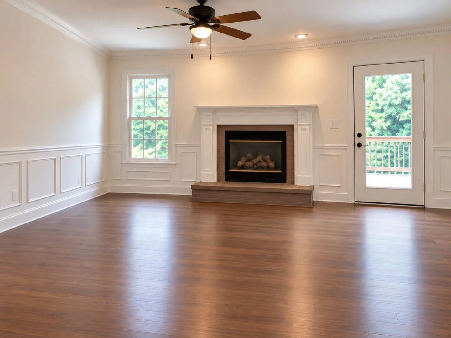 Empty living room with wood flooring, white wall paneling, a fireplace, a window and a glazed exterior door