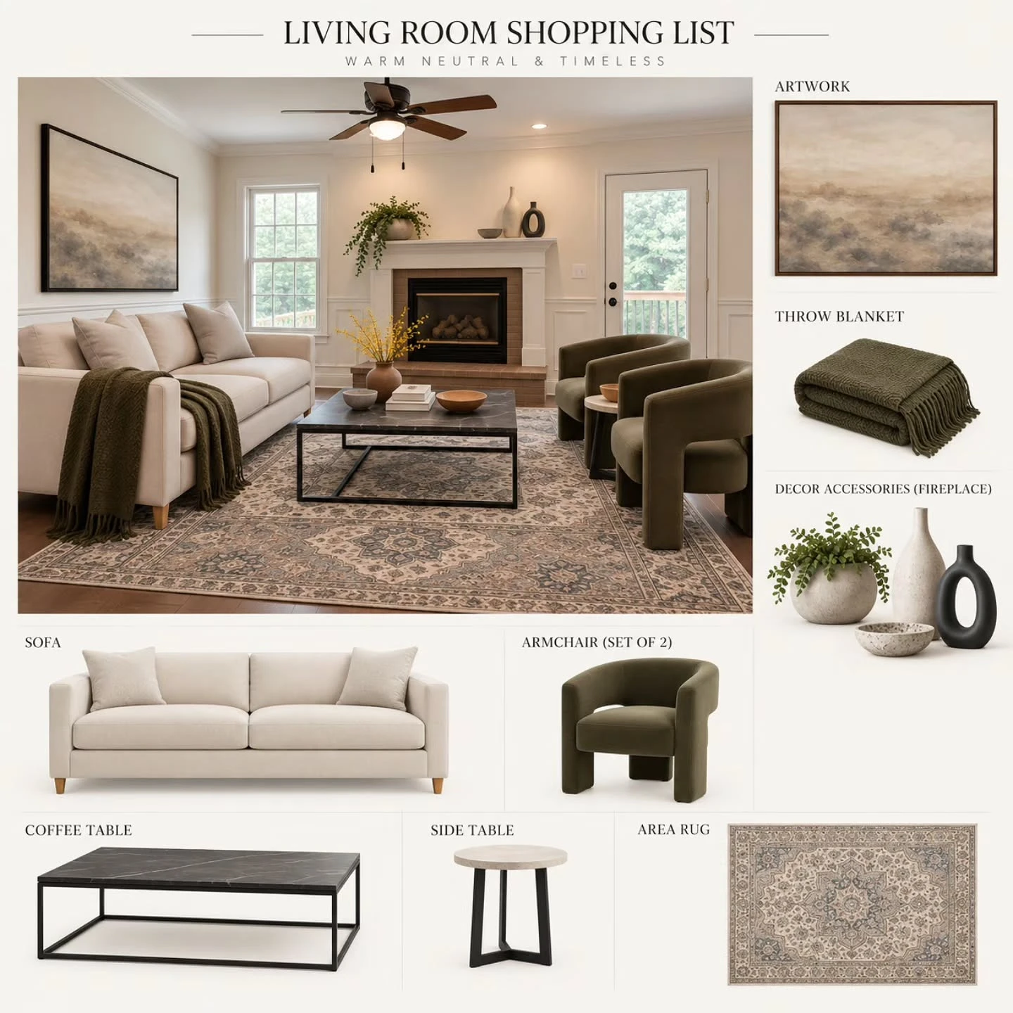 Living room shopping board showing a cream sofa, olive armchair, dark coffee table, side table, patterned rug, artwork, throw and ceramic accessories