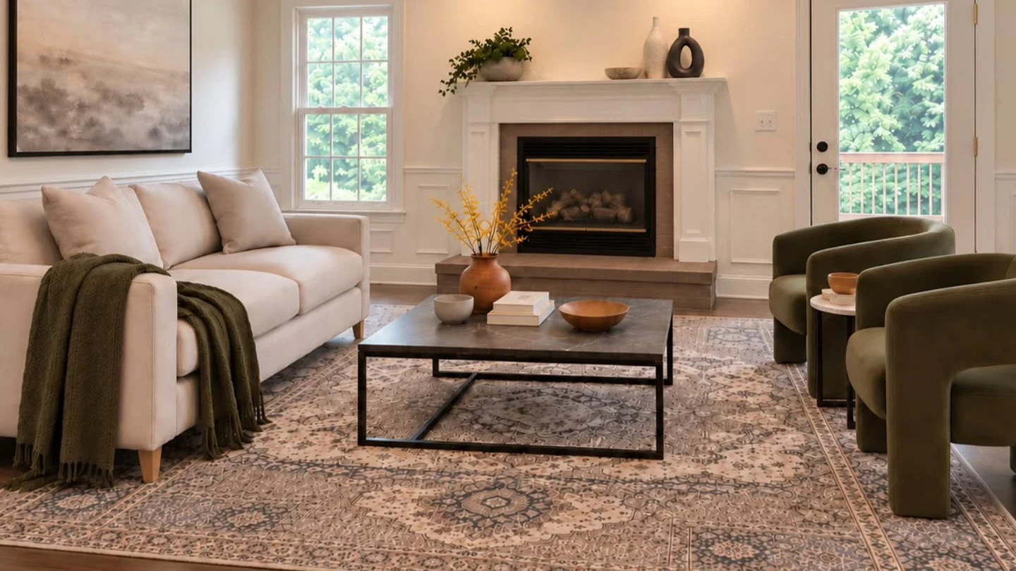 Styled living room concept with a cream sofa, olive armchairs, patterned rug and dark coffee table around a fireplace