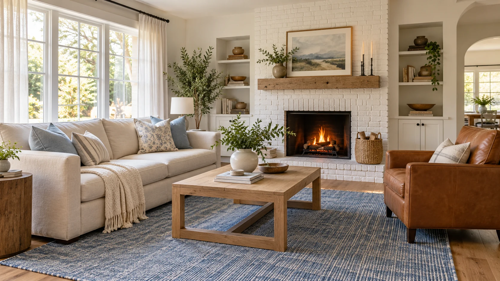 Cream sofa and cognac leather armchair beside an oak coffee table and white brick fireplace