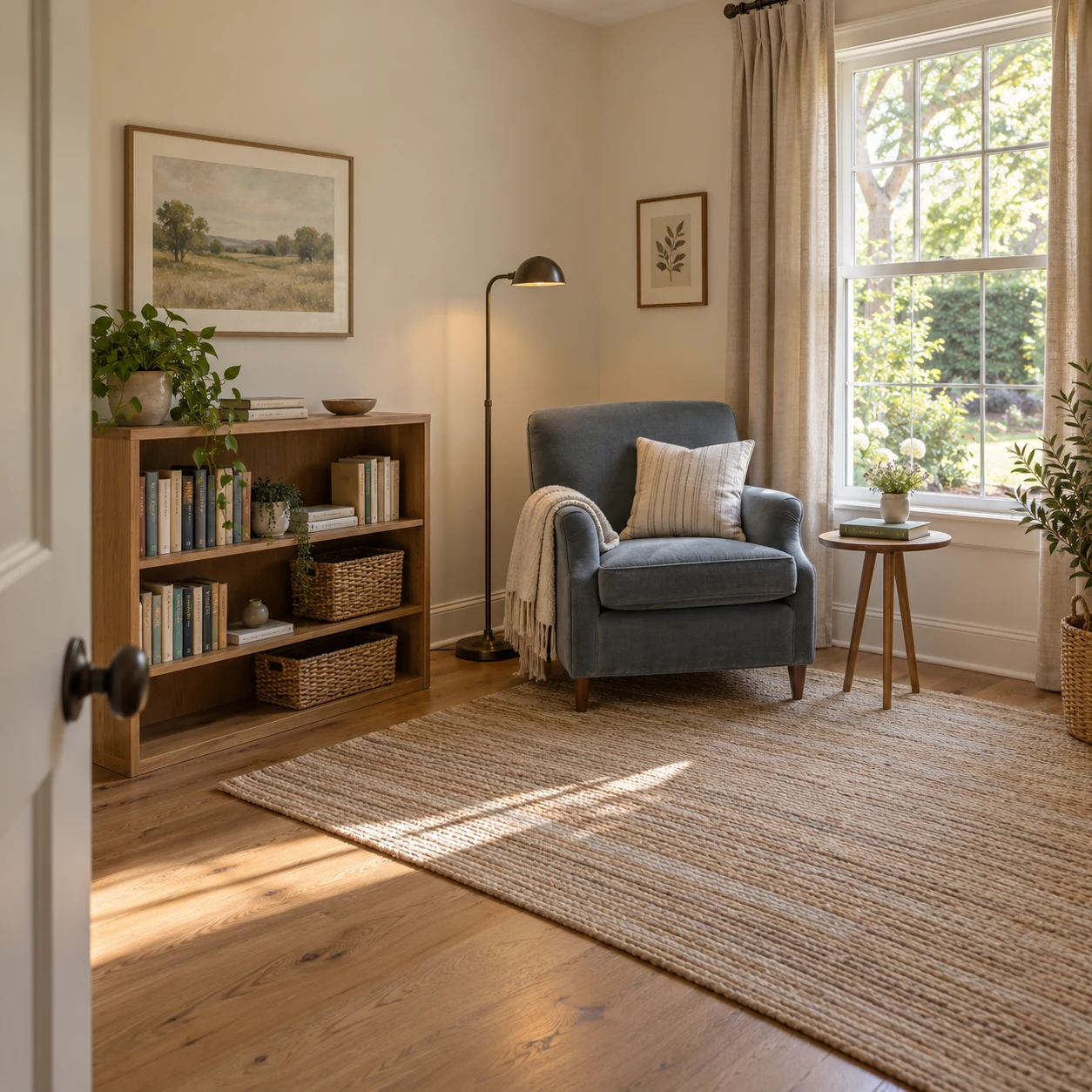 Blue armchair, oak bookcase and small side table arranged as a reading room beside a tall window