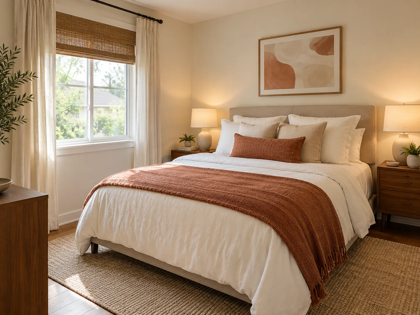 Guest bedroom with white bedding, a terracotta throw and walnut bedside tables