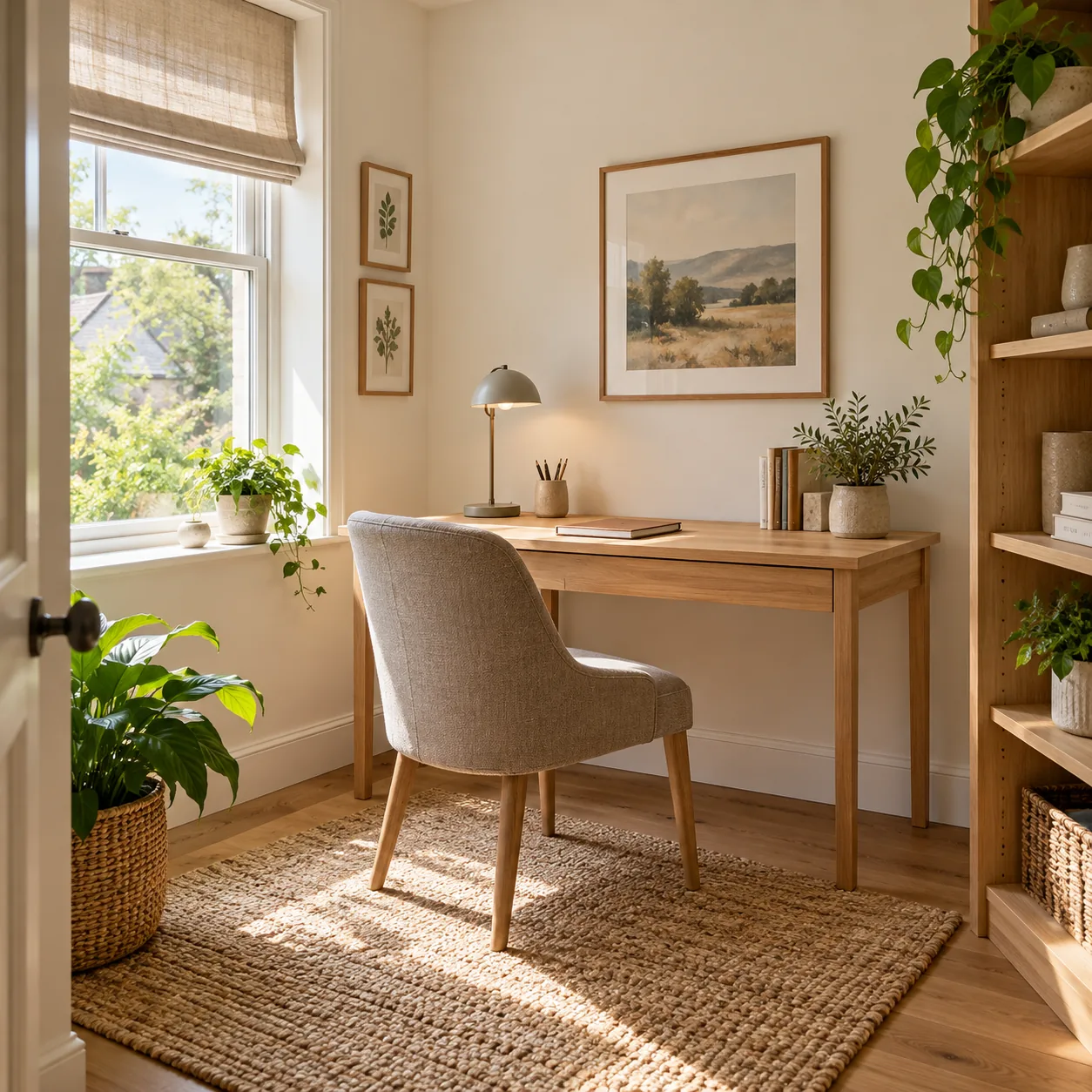 Small home office with an oak desk and taupe chair beside a sunny window
