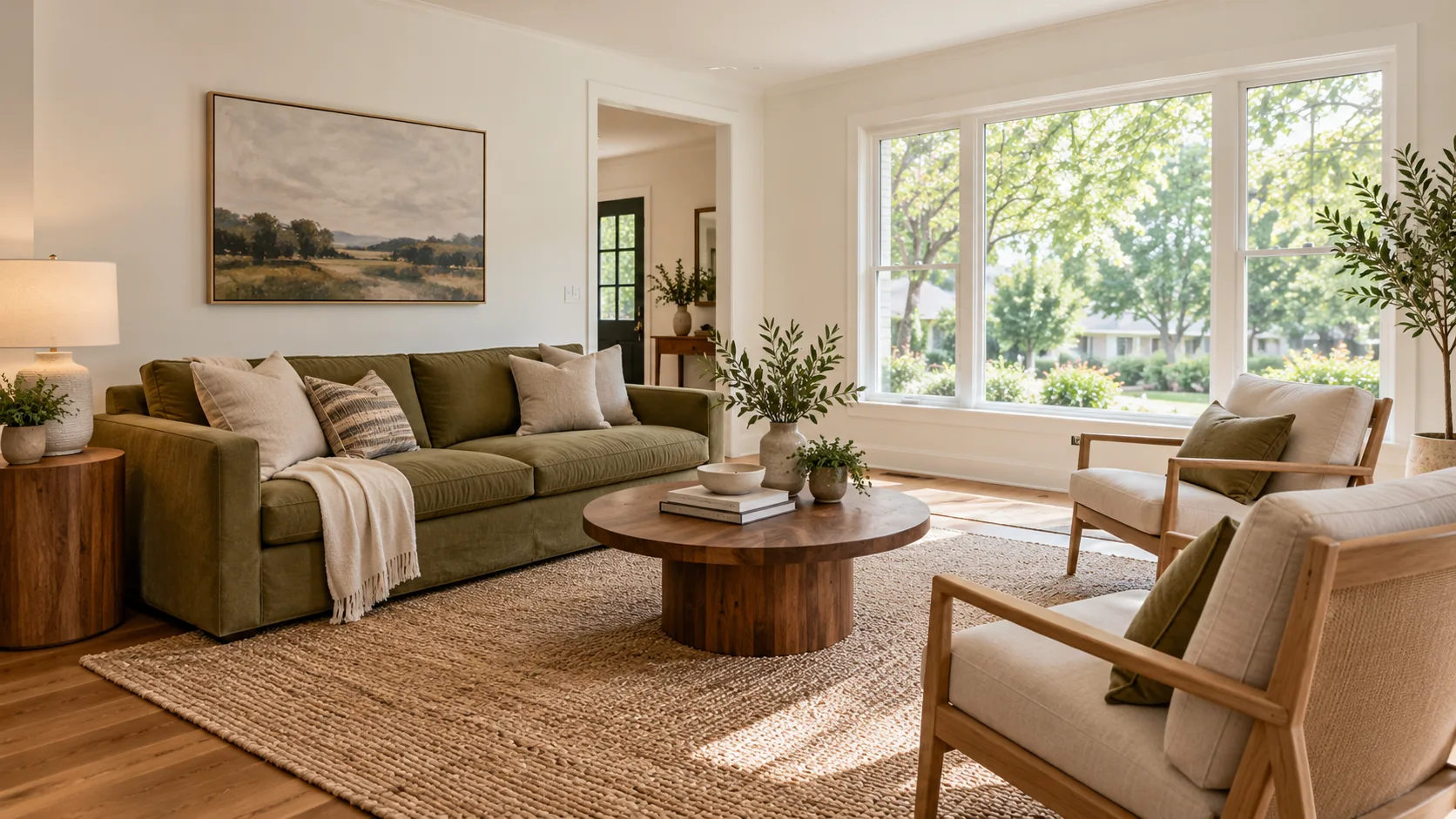Olive sofa, oak armchairs and a round walnut table in a sunlit living room staging concept