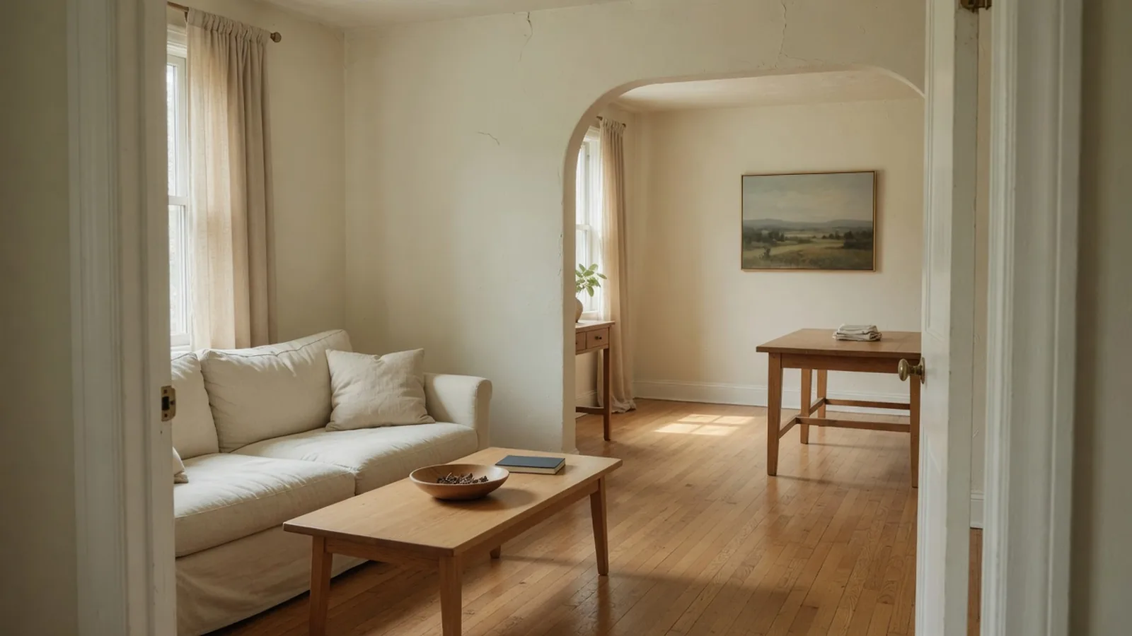 Doorway view of a cream sofa, an oak coffee table, and an open path into the next room