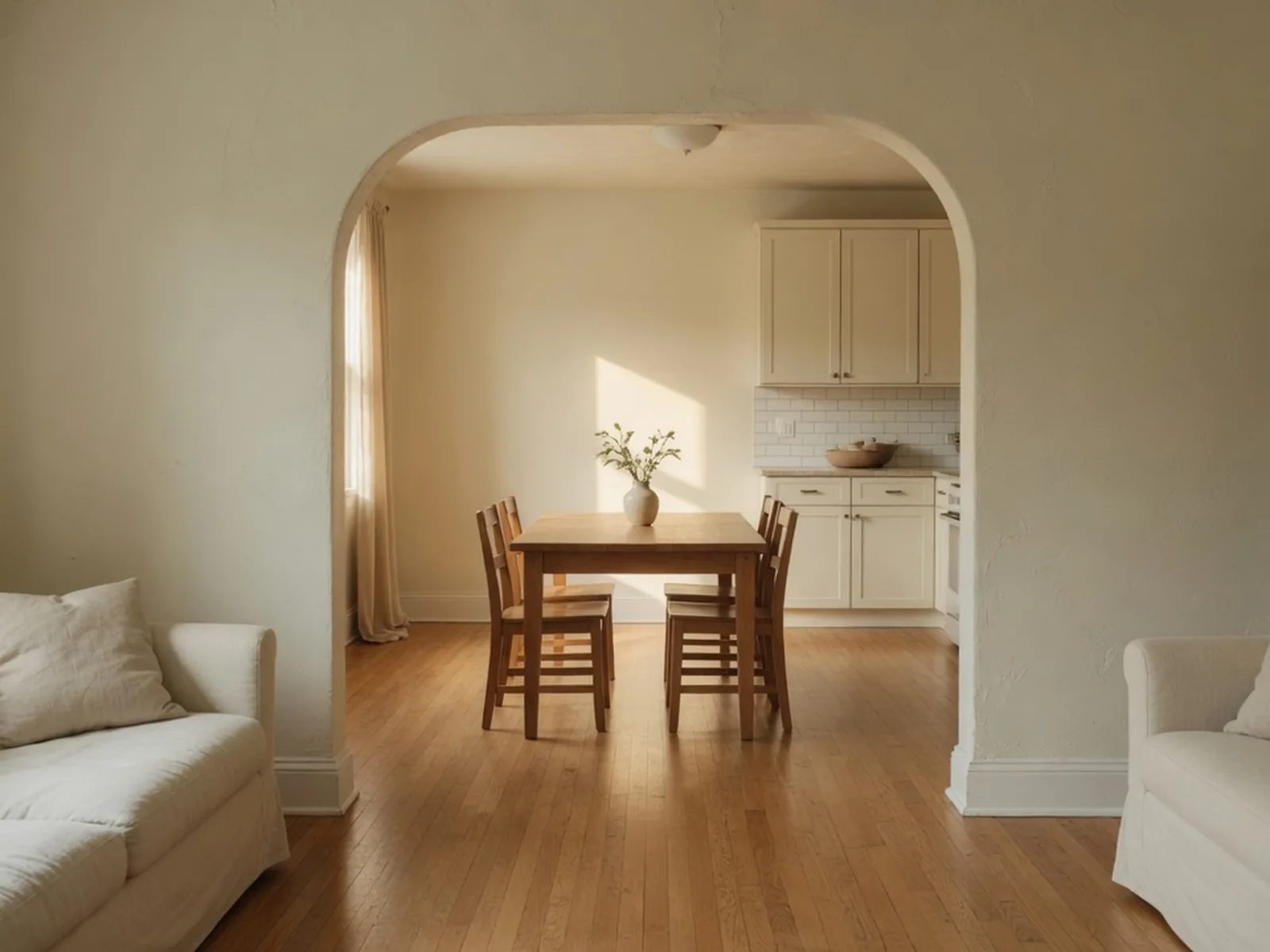 Open path between two sofas, through an arch, to an oak dining table and a kitchen