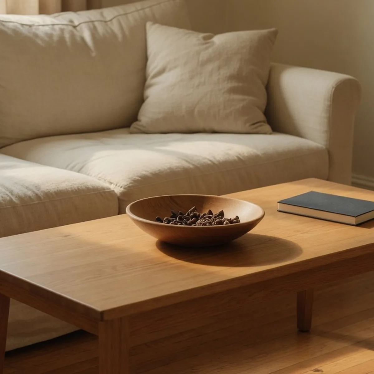 Oak coffee table edited down to a wooden bowl and one book, beside a linen sofa