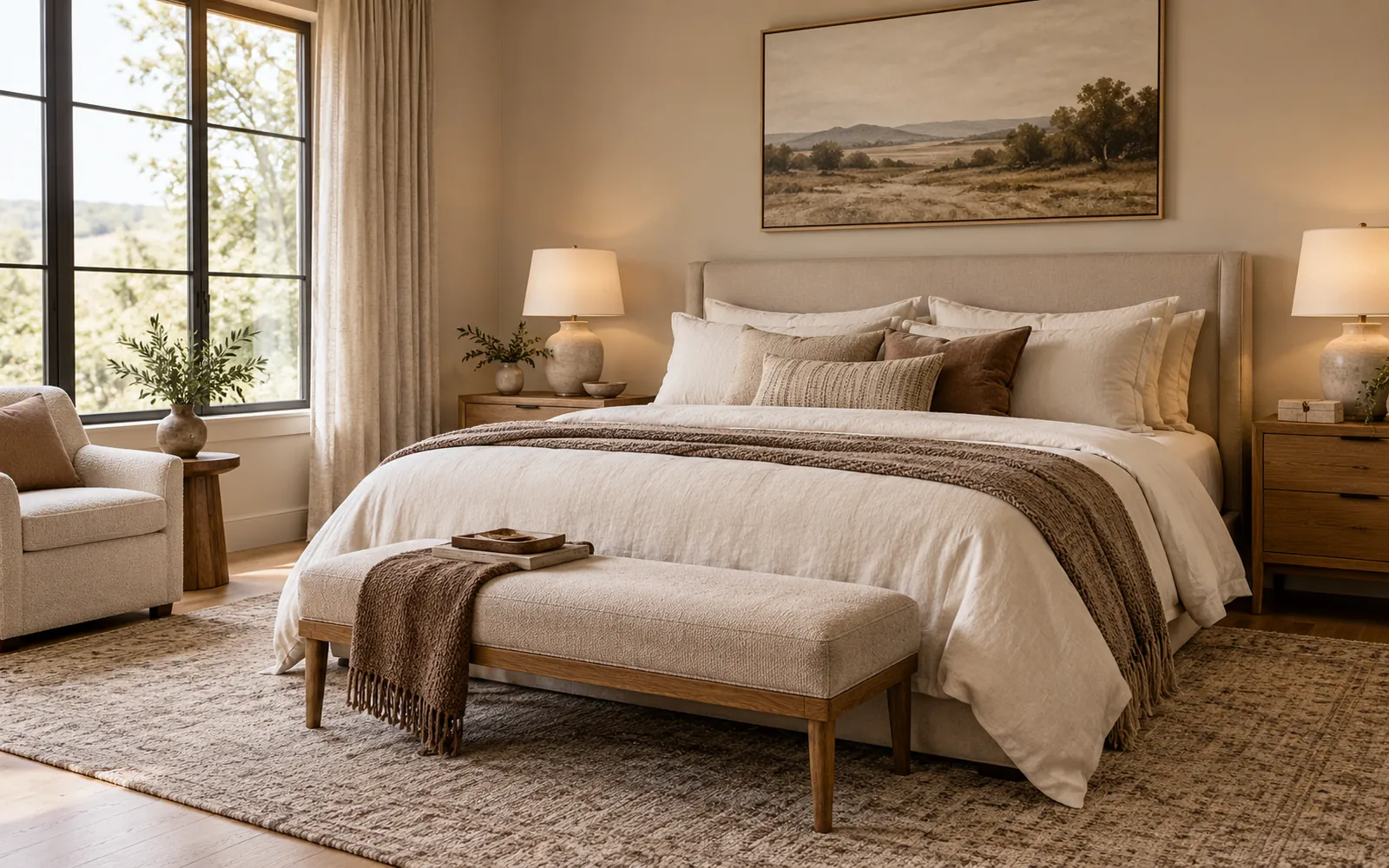 Calm staged bedroom with cream bedding, oak tables, and soft daylight