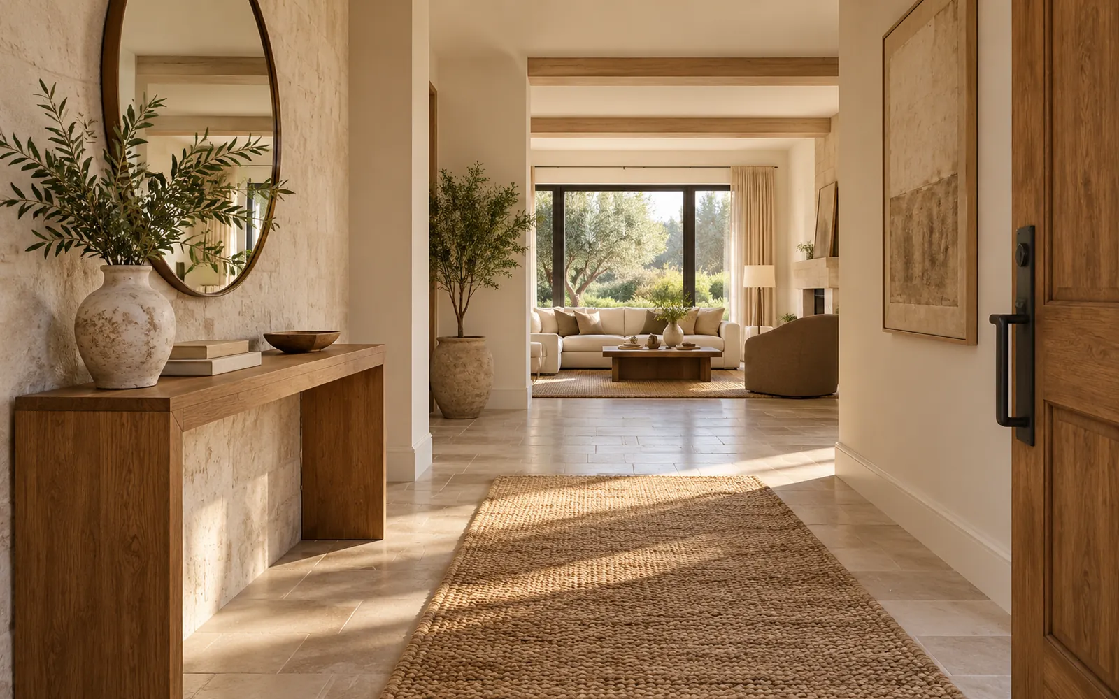 Welcoming staged entry with an oak console, round mirror, and clear walking path
