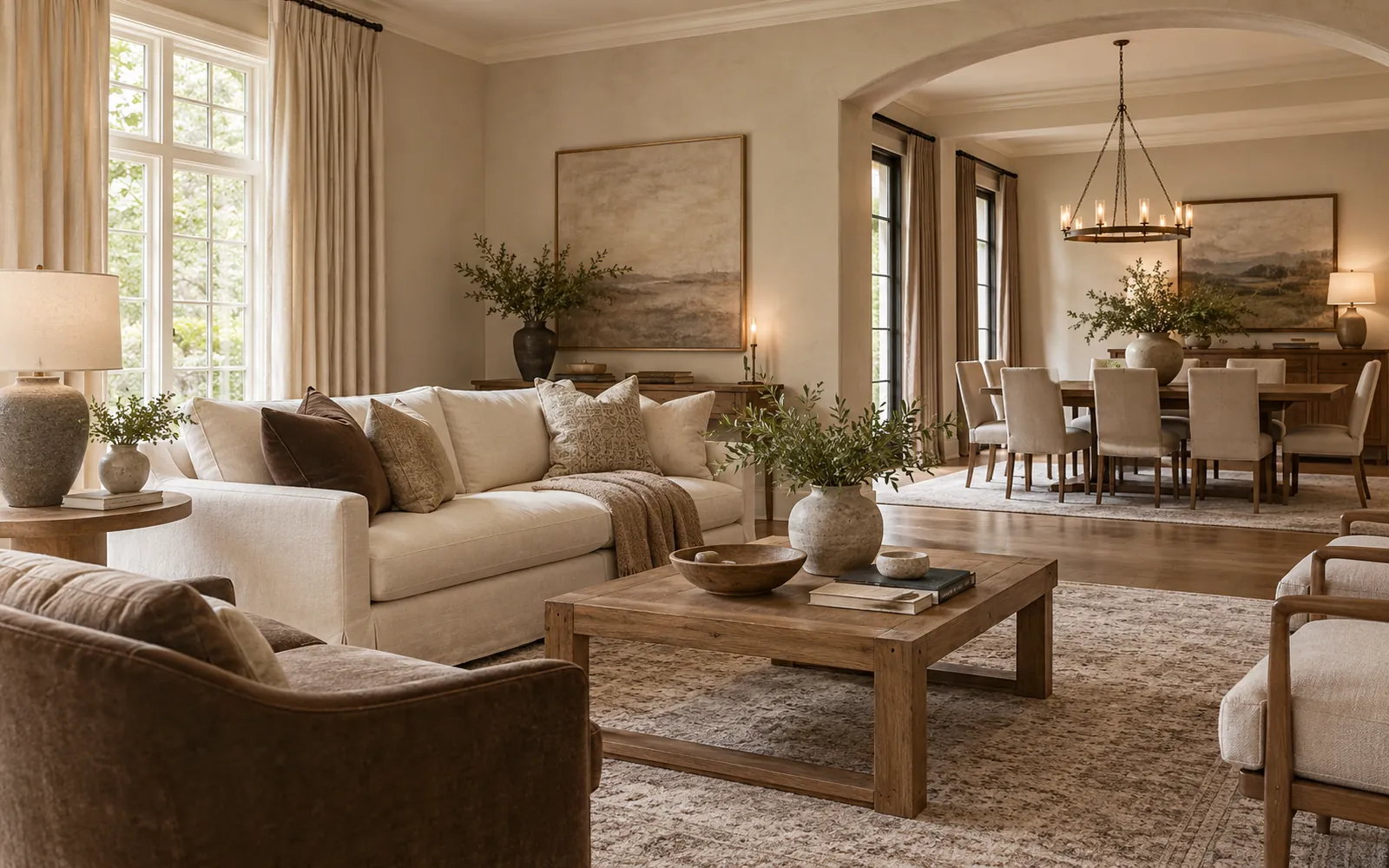 Welcoming staged living room with a cream sofa, warm oak furniture, and soft daylight