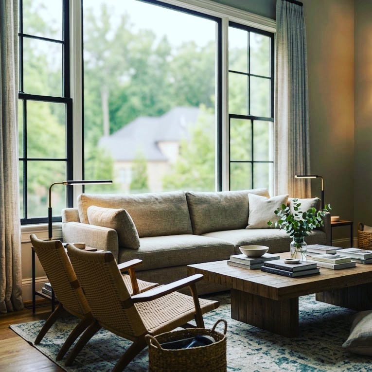 Living room with a linen sofa, woven chairs, and tall black-grid windows, from Set & Style on Instagram