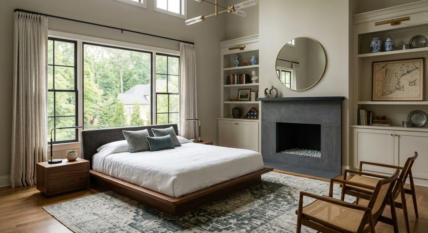 Staged bedroom with neutral bedding, wood furniture, a fireplace, and tall windows